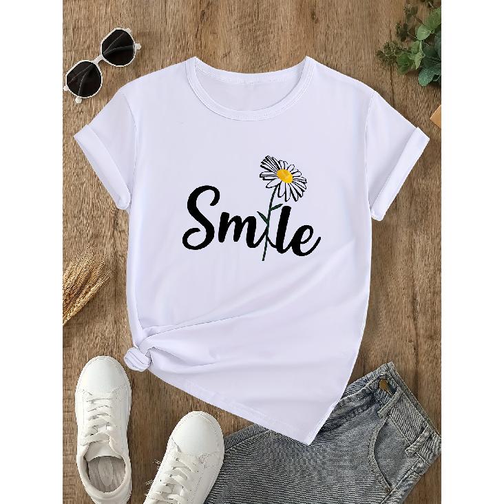 Smiling chrysanthemum print pattern casual loose short-sleeve summer shirt T Shirt S белый