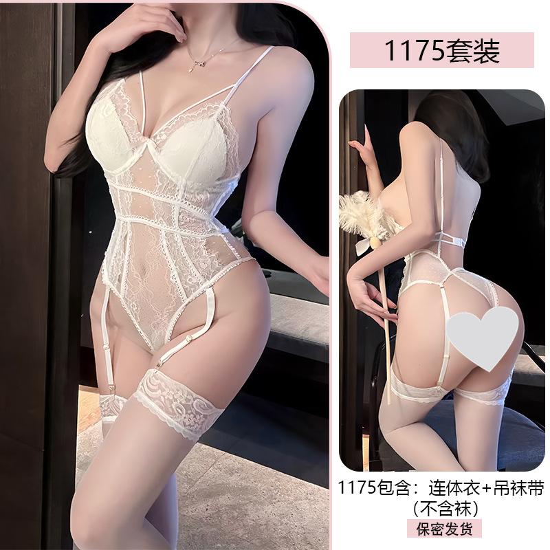 Erotic Underwear Pure Sensual Jumpsuit with Chest cushion Lace Seductive Pajamas See-through Open-crotch Uniform 1175