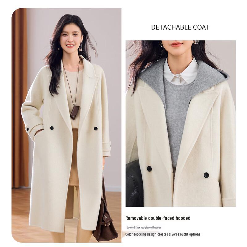 

Women s Detachable Hooded Long Wool Blend Coat M