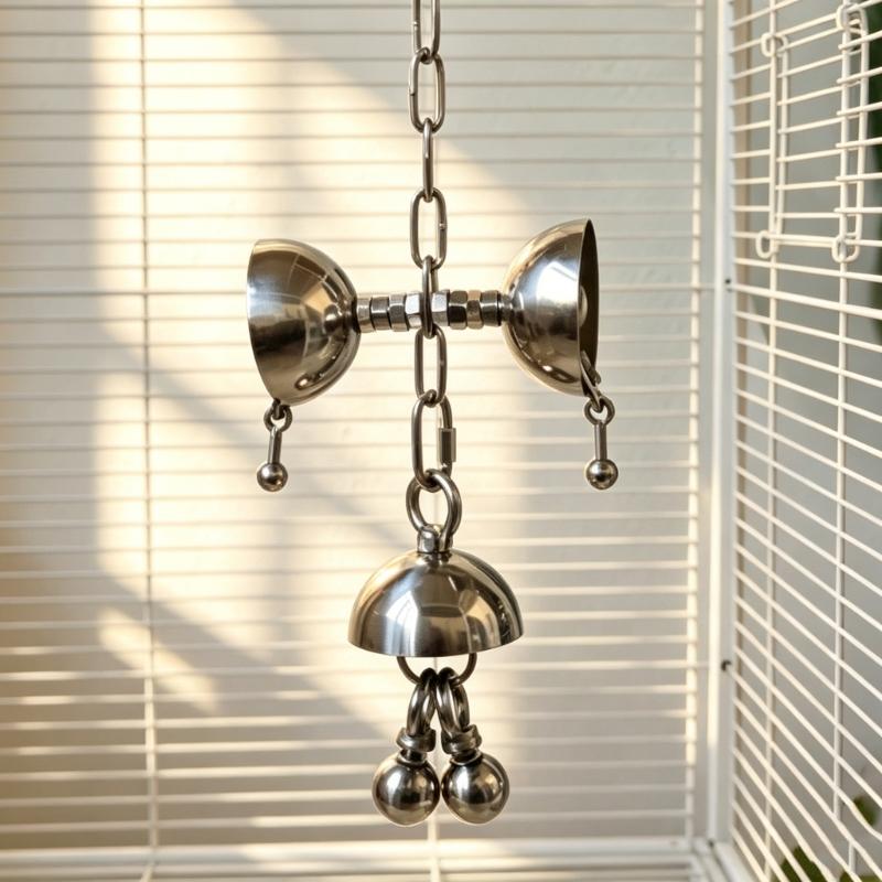 Large Pet Bird Toy in 304 Metal, Hanging Cage Enrichment Toy with Moving Metal Cups and Link Chain Mount