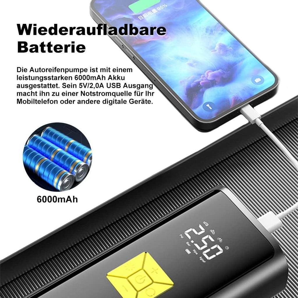 Pompă de aer electrică Baterie de 6000 mAh Mini compresor portabil Pompă electrică de 150 PSI cu afișaj digital și iluminare de urgență pentru motociclete, mașini