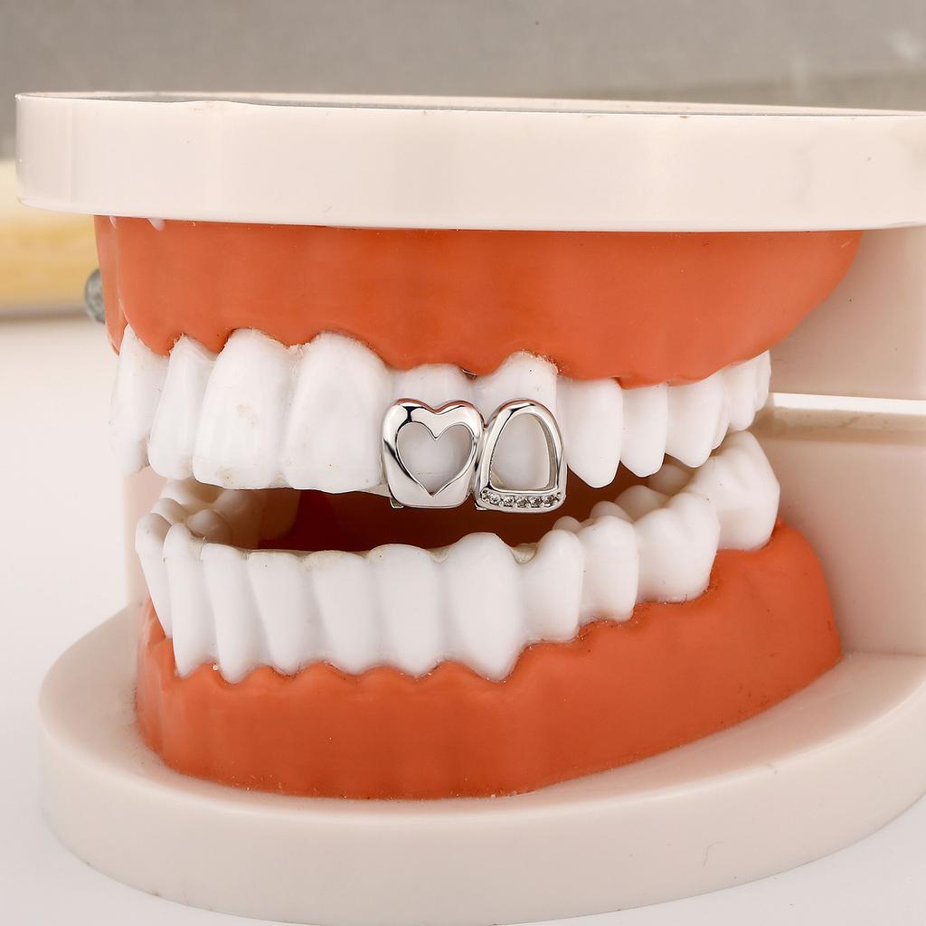 Double Heart Diamond-Studded Gold Teeth Hip-Hop Braces Versatile Halloween Personalized Teeth Accessories