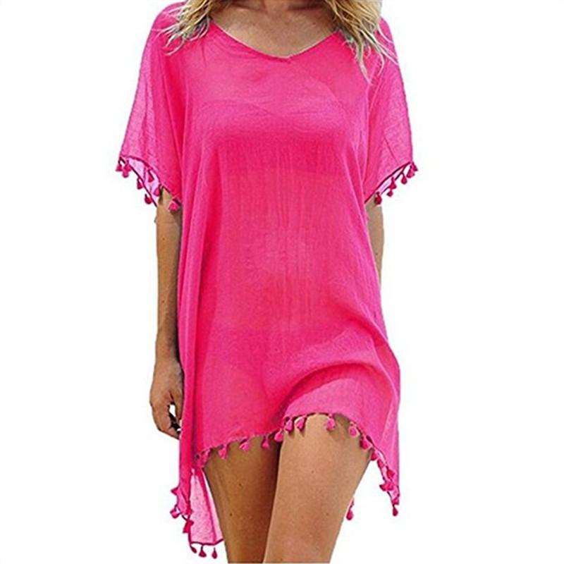 Summer Chiffon Tassels Beach Dress Women Swimwear Bikini Cover Up Female Mini Loose Solid Pareo Tops Swimsuit