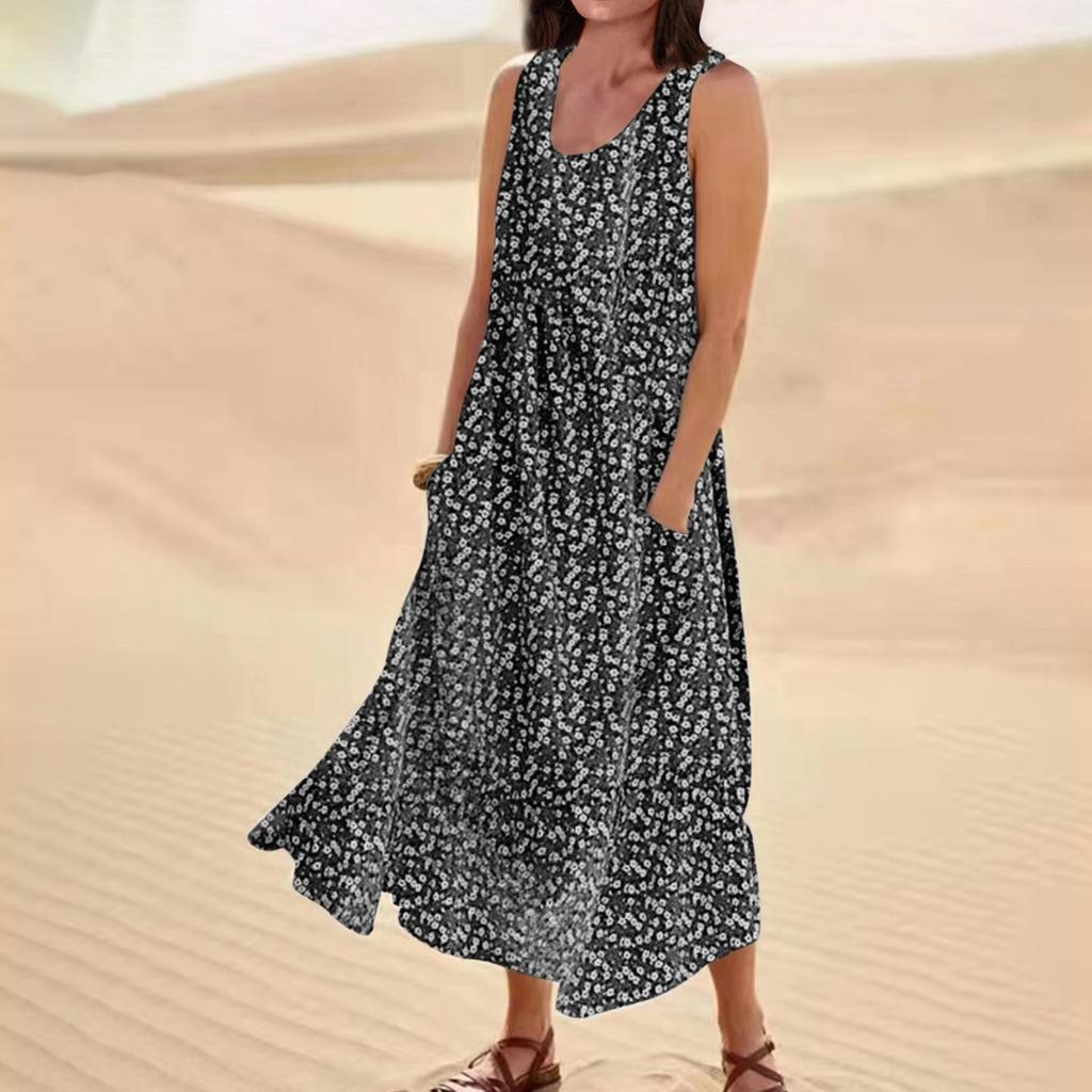 Women's Summer Round Neck Printed Sleeveless Large Swing Dress With Pockets