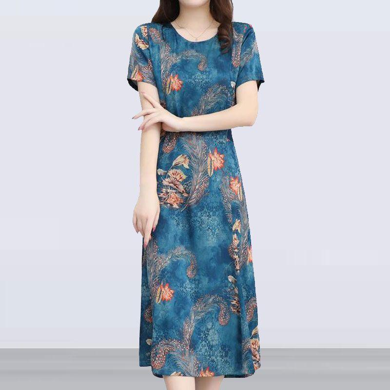 

Женская одежда Элегантное миди-платье А-силуэта Винтажные полевые цветы Летнее с коротким рукавом Модное со складками Повседневное с круглым вырезом Платья L синий