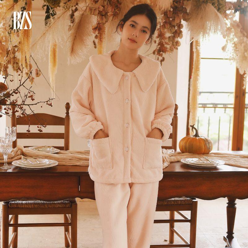 

2024 Winter Fleece-lined Thickened Milk Fiber Composite Velvet Gentle Lapel Long Sleeves Roman Holiday Thermal Pajamas Suit Suit XL [recommend 67.50 kg-77.50 kg]]