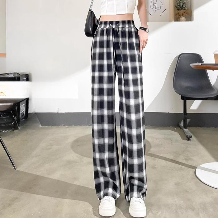

большой размер 3XL 4XL спортивные штаны джоггеры Женские брюки с широкими штанинами Ретро Высокая посадка Клетчатая сетка Эластичные женские брюки черные свободные Длинные брюки 3XL