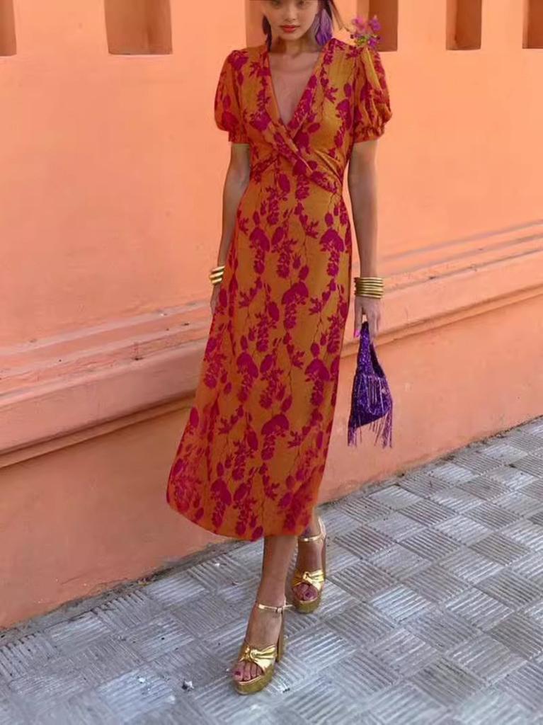 European and American women's clothing fashion pleated printed long dress elegant slim V-neck short-sleeved dress