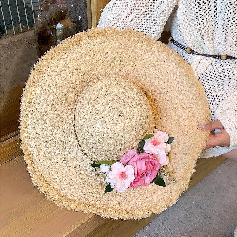 French Flower Raffia Hat For Summer Beach Sun Protection With Adjustable Fit