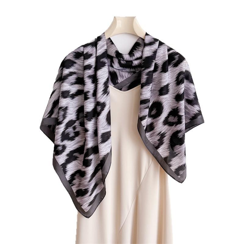Versatile leopard print imitation silk high-end large square scarf silk scarf printed shawl decorative scarf sunscreen headscarf scarf female