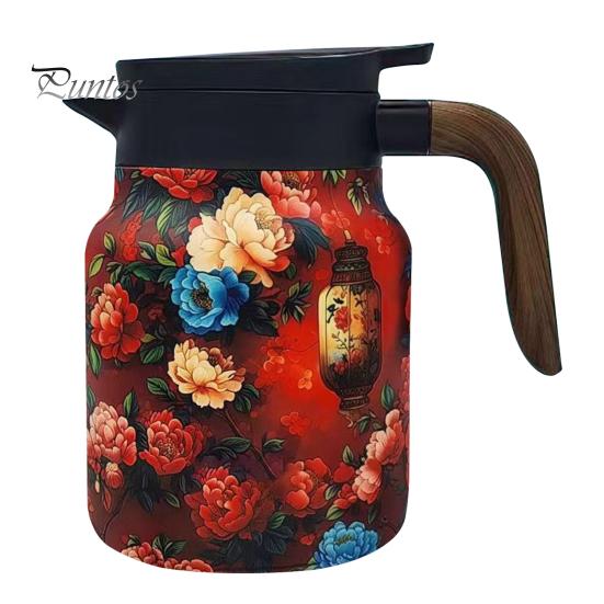 

Вінтажний чайник із квітковим візерунком із вбудованим фільтром V-подібний носик Вода під тиском Заварка для чаю Чайник 1000 мл Ізольований чайник із нержавіючої сталі для Wooden handle