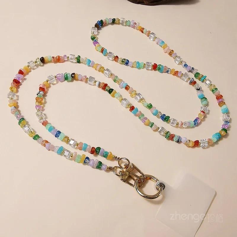 Mobile Phone Lanyard Crossbody Multi Colored Gravel Bead Hanging Decoration Long Chain Anti-theft and Anti Drop Lanyard  Strap Other