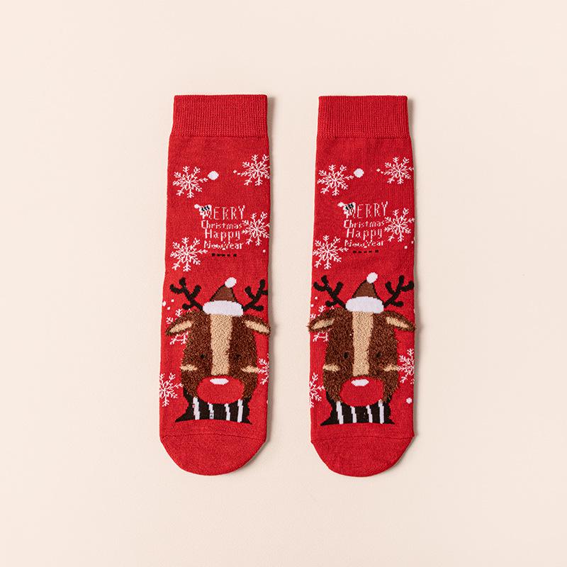

Женские рождественские мультяшные носки до середины икры с оленем и Санта-Клаусом - Ярко-красные длинные носки