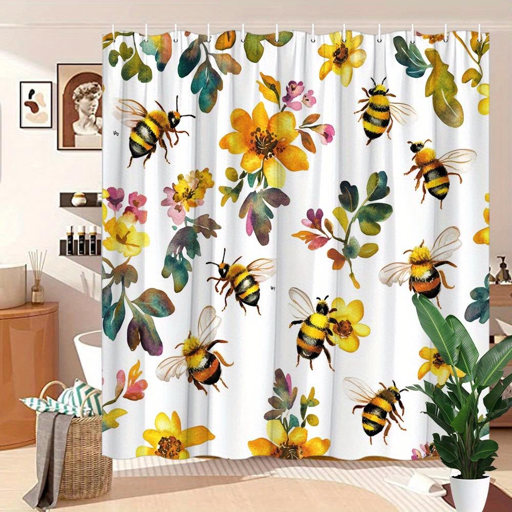 1pc Watercolor Bees & Flowers Shower Curtain - Playful Light Design, Polyester, 70.8x70.8 Inches, 12 Hooks, Bathtub Decor