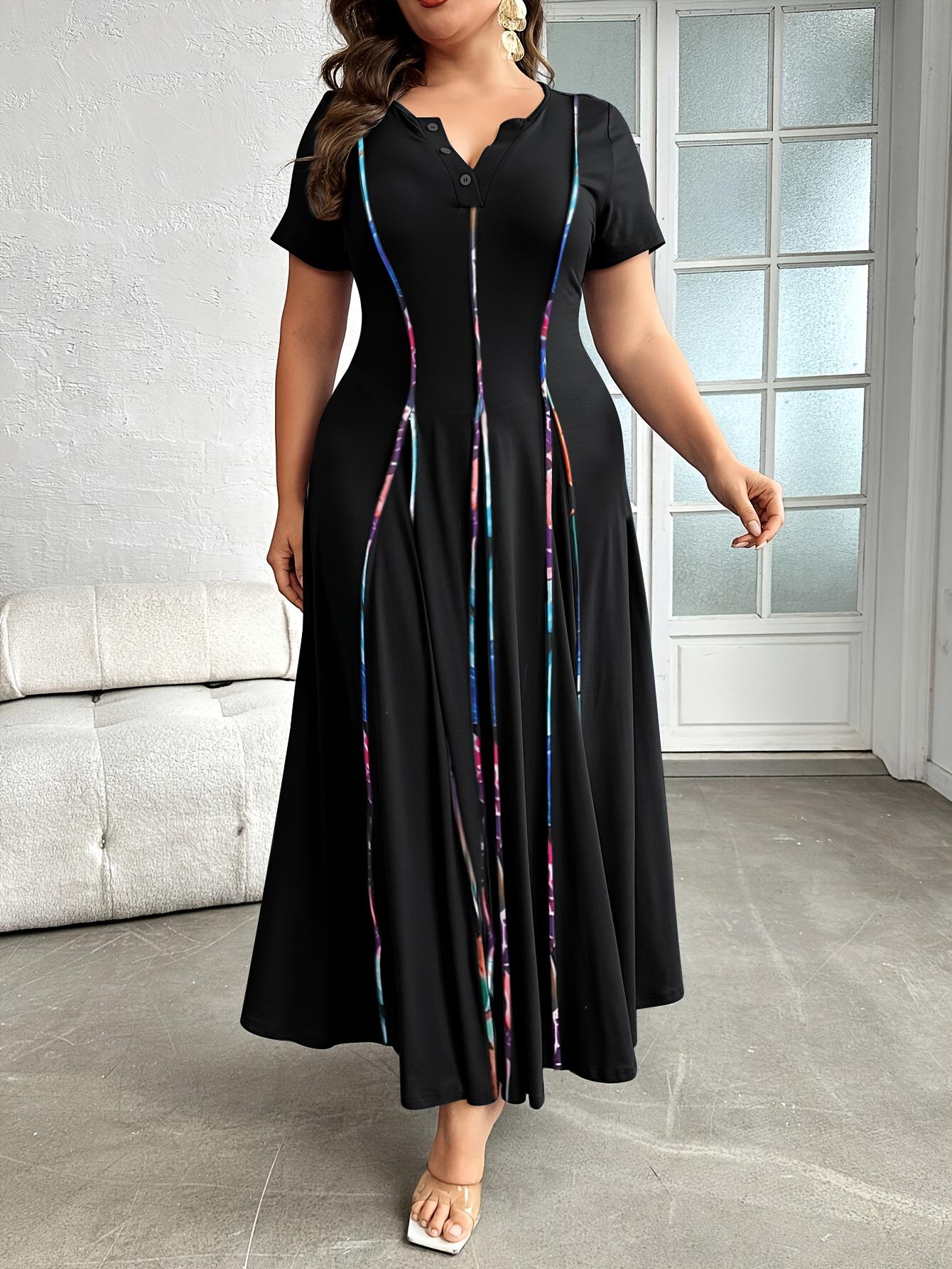

Plus Size Designer Henley Collar Color Block Dress with Flattering Slimming Long Skirt XL чёрный