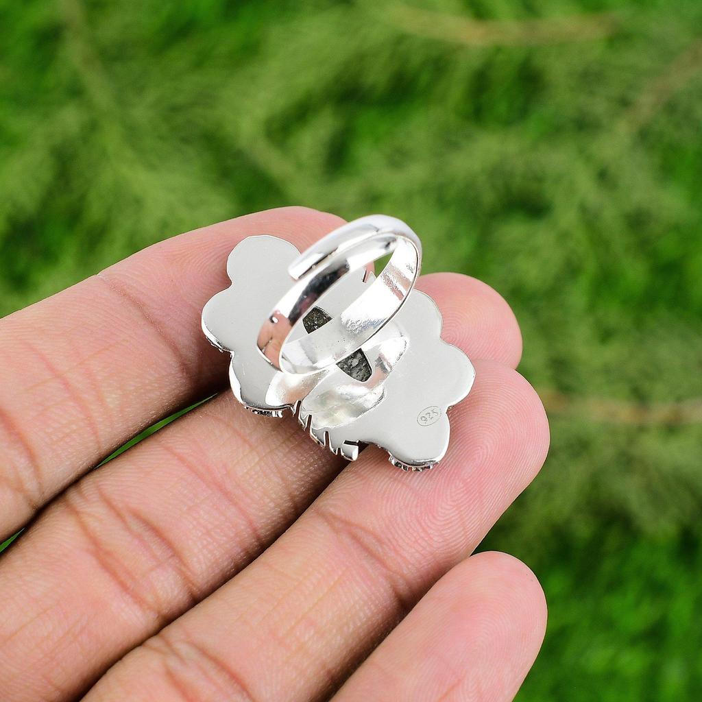 Natural Black Sunstone 925 Silver Solitaire Flower Adjustable Ring For Women