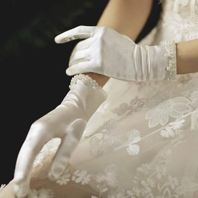 1 Pair Short Glove White Satin Gloves Wedding Mesh Lace Gloves Women Bow Knot Gloves  Evening Party