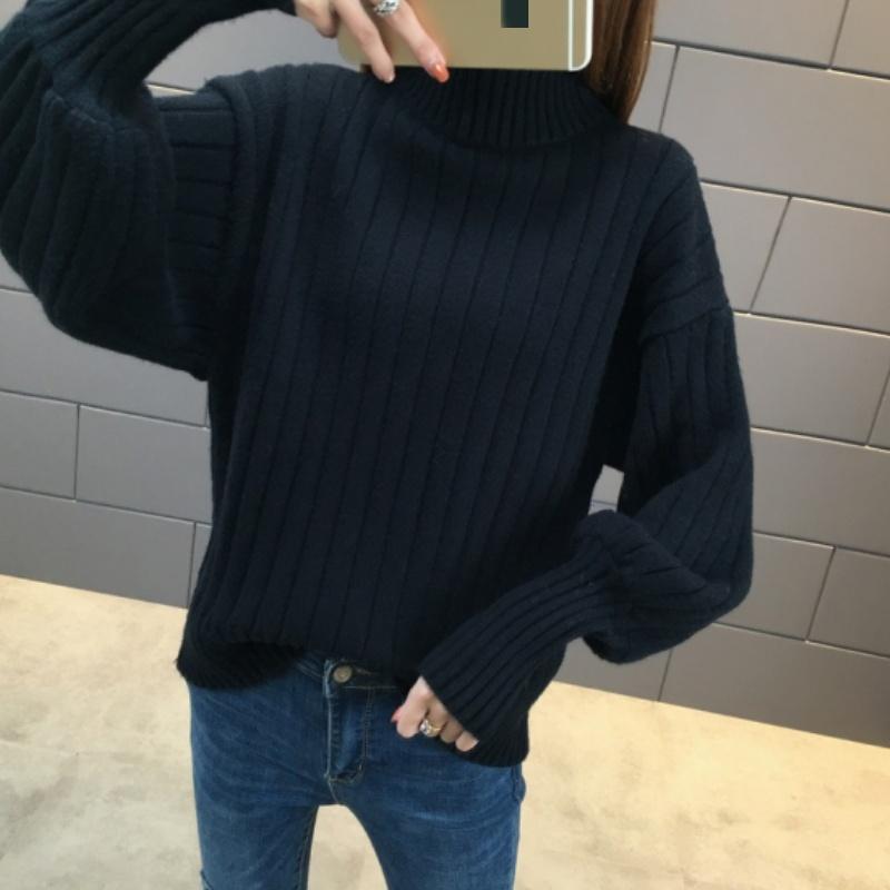 Однотонный женский свитер свободный свитер с высоким воротом теплый однотонный эластичный пуловер трикотаж свитер с полувысоким воротом S чёрный 2234₽