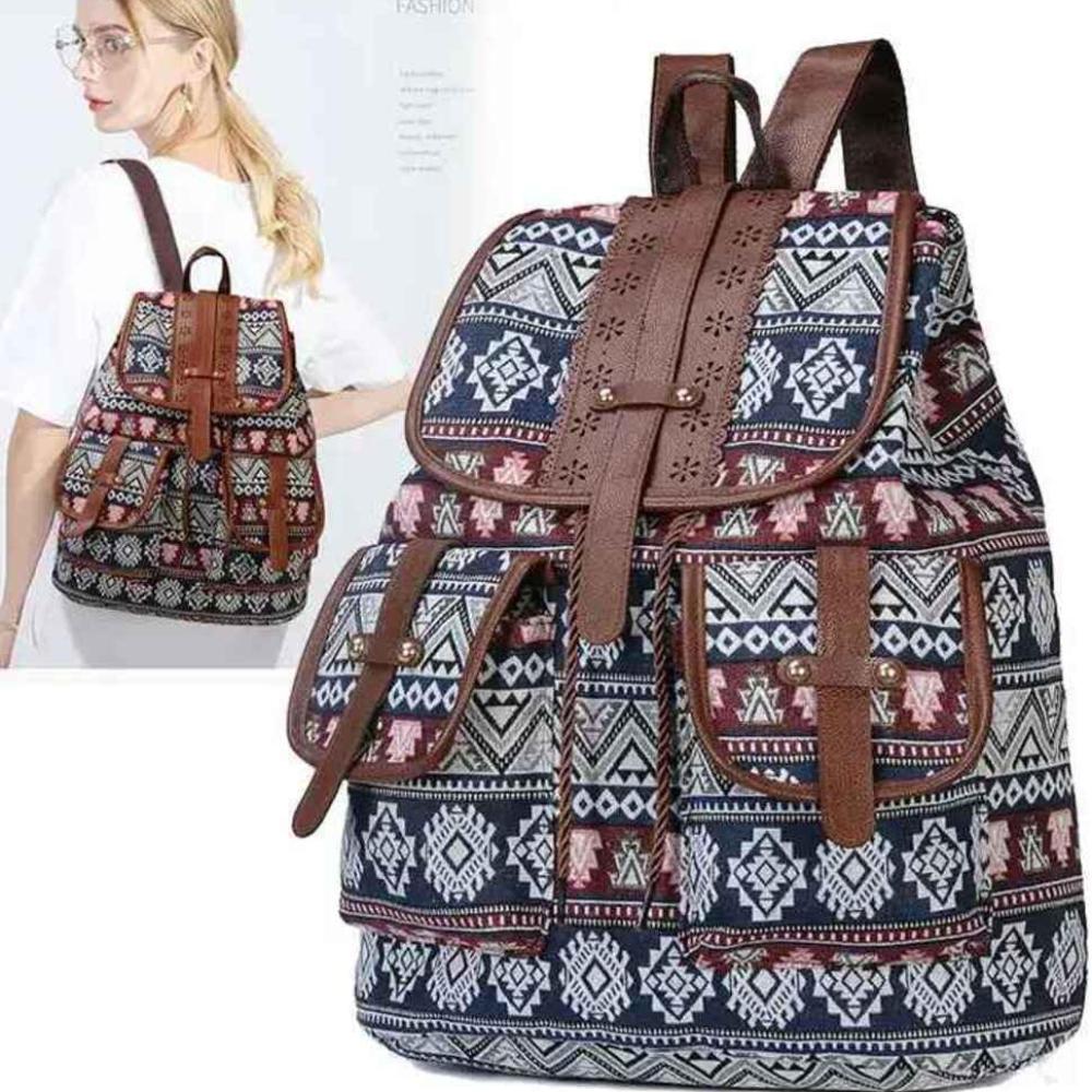 Hippie Canvas Women Backpack Purse- Boho Style Ethnic Drawstring Causal Double Shoulder Vintage Travel Daypack (Landscape), Large