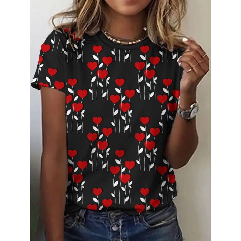 Fashion Women's Rose Love Short Sleeve Crew Neck T-Shirt 3D Rose Love Color Printing Crew Neck Short Sleeve