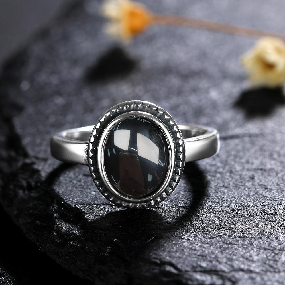 S Silver Ring for Women Oval Round Natural Black Agate Ring Gift Sun Shaped Retro Luxury Fine