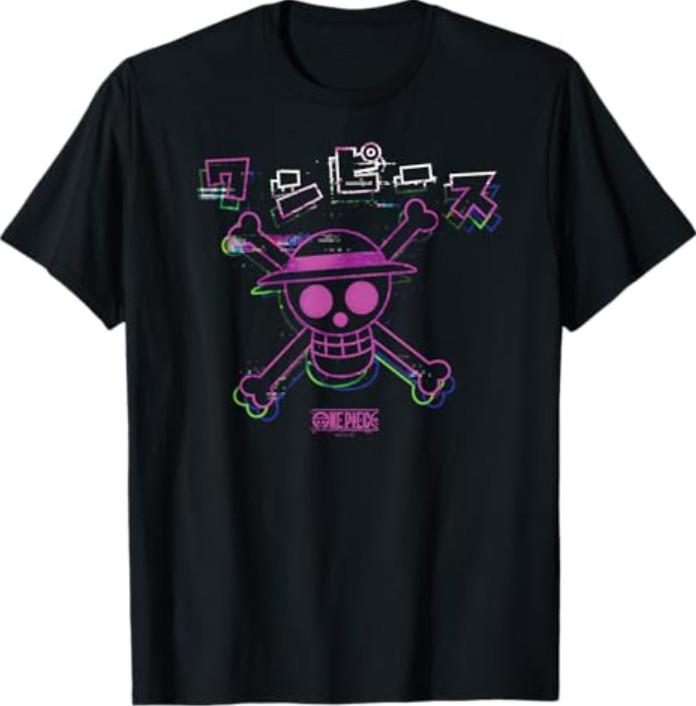 Camiseta Anime One Piece Sombrero de Paja Colorido Estilo Glitch Kanji S разноцветный