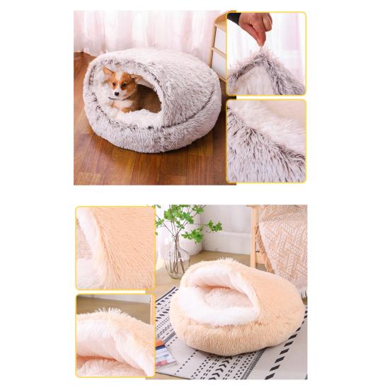 Pet House Warm Semi-Enclosed Kennel with Plush Lining Foldable Design Anti-Slip Bottom Stress-reducing Pet Bed