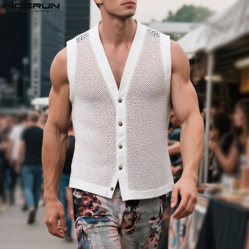 INCERUN Men Sleeveless Buttons Up Hollow Out Casual Tank Tops