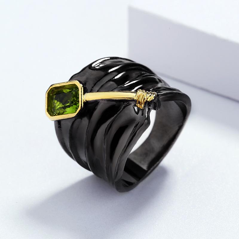 Silver Two-Tone Inlaid Topaz Green Zircon Ring Special Design Black Gold Engagement Ring Jewelry Gift