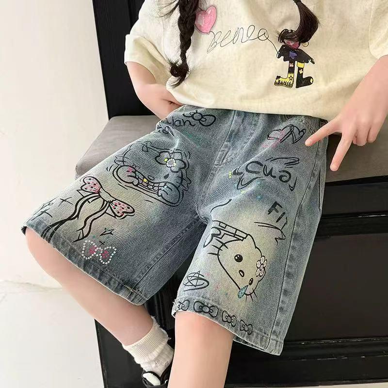 Girls Denim Mid-Length Shorts - Kids Loose Korean Style Summer Capris Fashion 110 cm