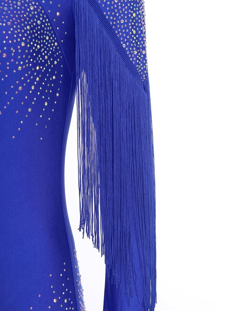 Dámská kombinéza na krasobruslení třpytivé kamínky dlouhý rukáv střapce přední design vykrojená záda jednodílný overal