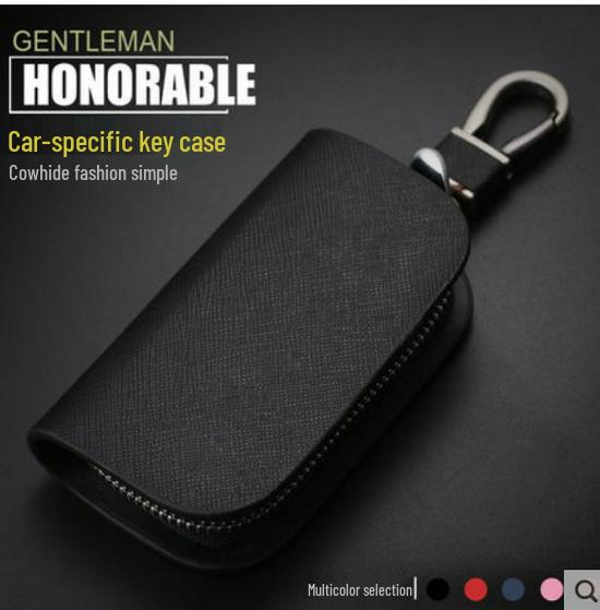 Men's Universal Cowhide Car Key Case with Waist-Mounted Zipper