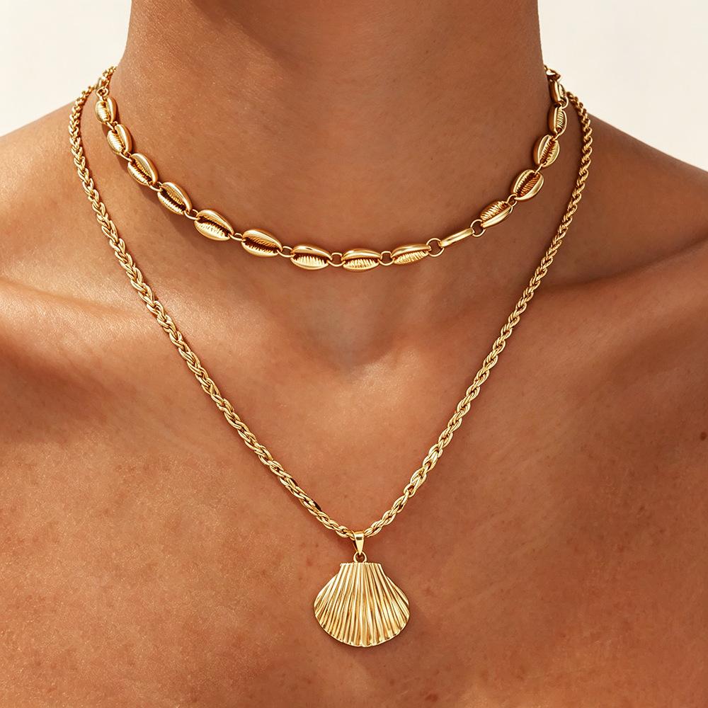 European Ocean Style Faux Pearl Clavicle Chain, Multi-layer Stackable Necklace with Starfish & Shell Pendants