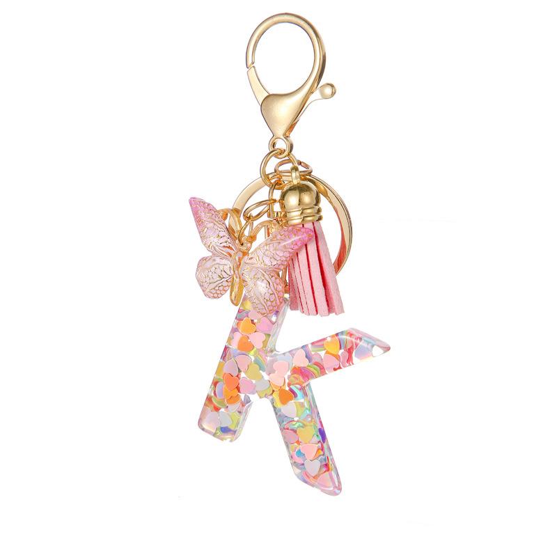 Pink Glitter Resin 26-Letter Keychain Butterfly Tassel Accessory Retro Durable Bag Charm Practical Gift For Girlfriend Best Friend