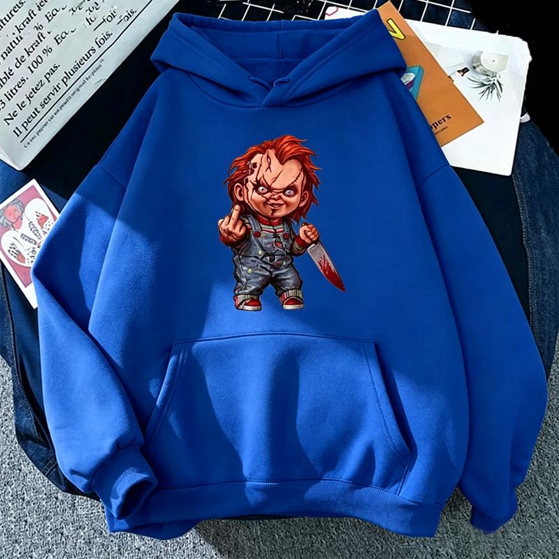 Doll-horror Men Hoodie Front Scary Doll with Knife Chest Print, Creepy Cartoon Character, Thick Fleece Pullover Sweatshirt for Urban Sport Trips
