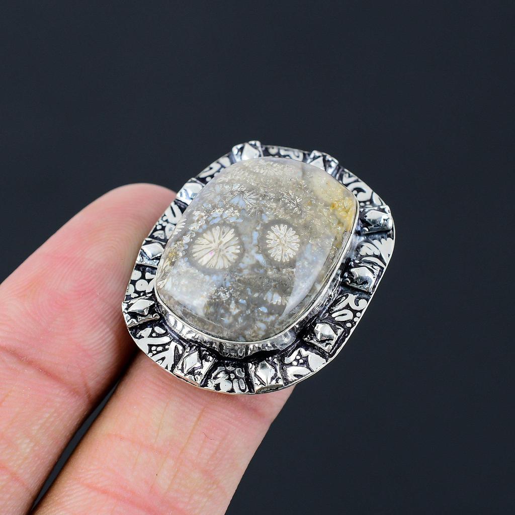 Natural Fossil Coral Gemstone 925 Silver Solitaire Ring Size 7 For Girls