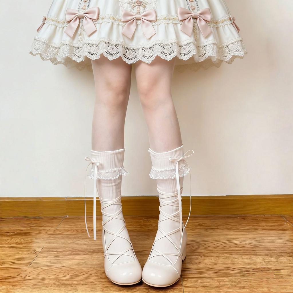 Original Japanese-style Lolita Thin Mid-Calf Knitted Polyester Tube Socks Bows Lace Design Breathable Anti-Bacterial Daily