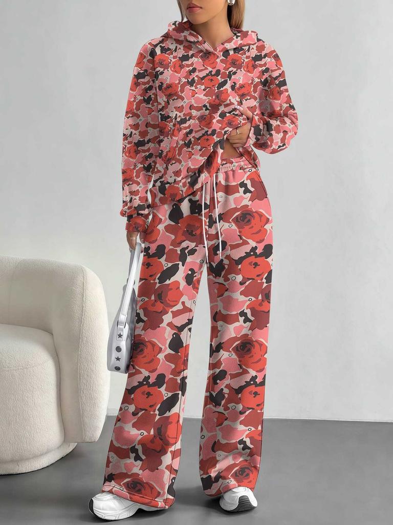 Pink Cherry Print European and American Autumn and Winter Casual Long-sleeved Suit Women's Hooded Sweater Trousers Two-piece Set