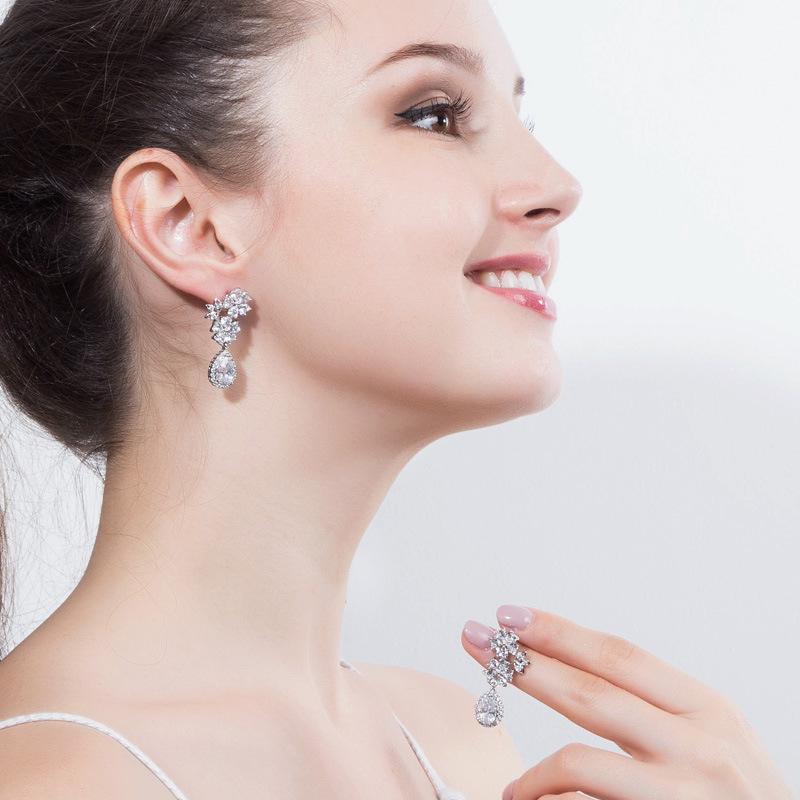 Ej0108 Flower Water Drop Earrings Shine 3A Zircon Ear Clips Bridal Banquet Dress Accessories