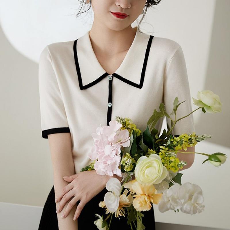 

Women s summer new black and white contrasting color lapel knitted sweater top one size fits all белый