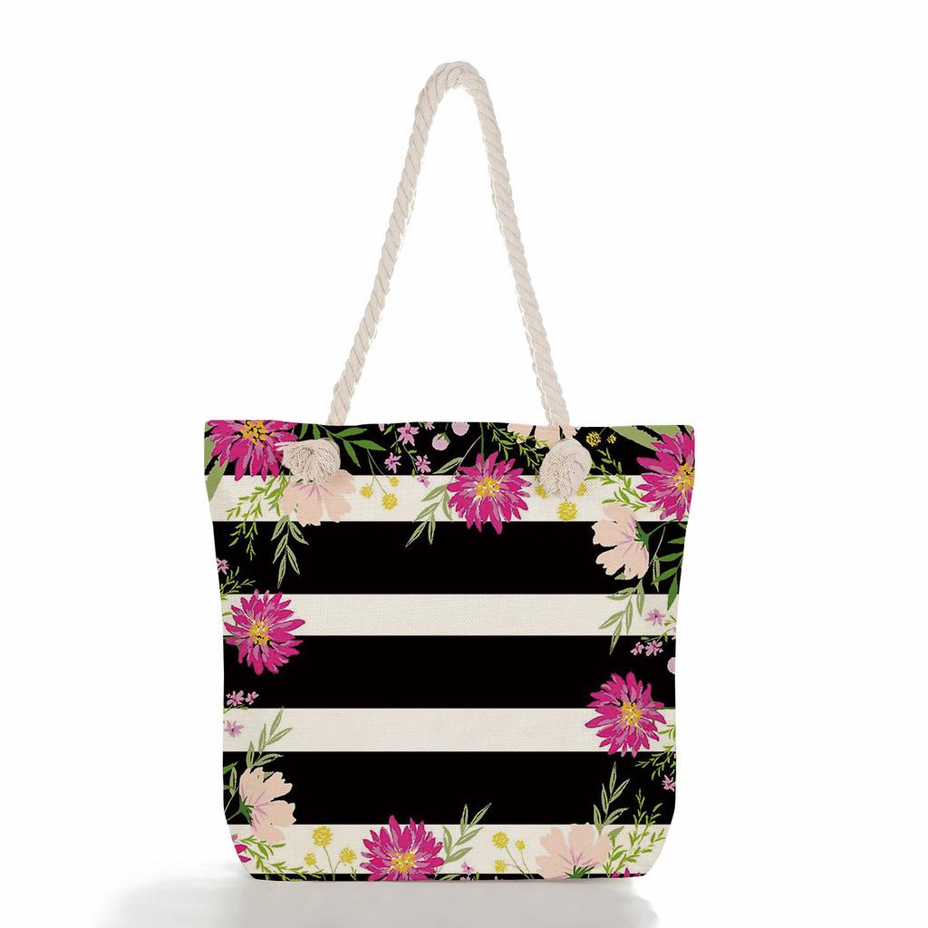 Multifunctional Flower Printed Thick Rope Shoulder Beach Bag 7585