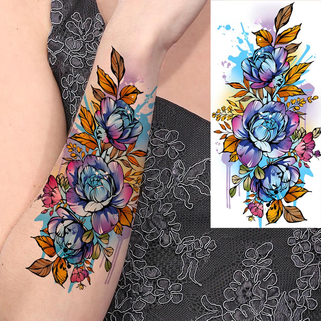 1 Sheet Butterfly Watercolor Flower Tiger Temporary Tattoos For Women Men Adults Fake Phoenix Parrot Lotus Tattoo Sticker Sleeve