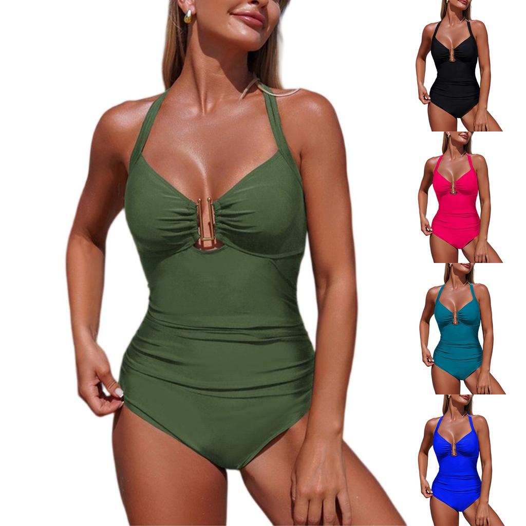Traje de baño de una pieza para mujer, verano, con escote retorcido y corte, push up, espalda cruzada, fruncido para control de abdomen, elegante para la playa, adelgazante