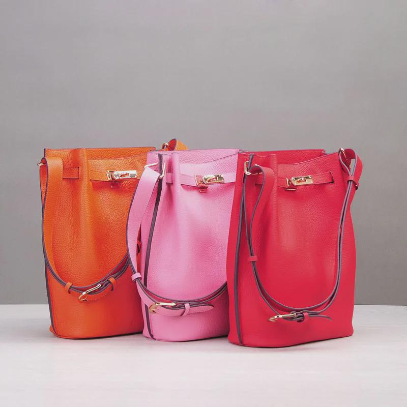 Sokelly 2025 Genuine Leather Crossbody Bucket Bag – Trendy Vertical Horseshoe Design