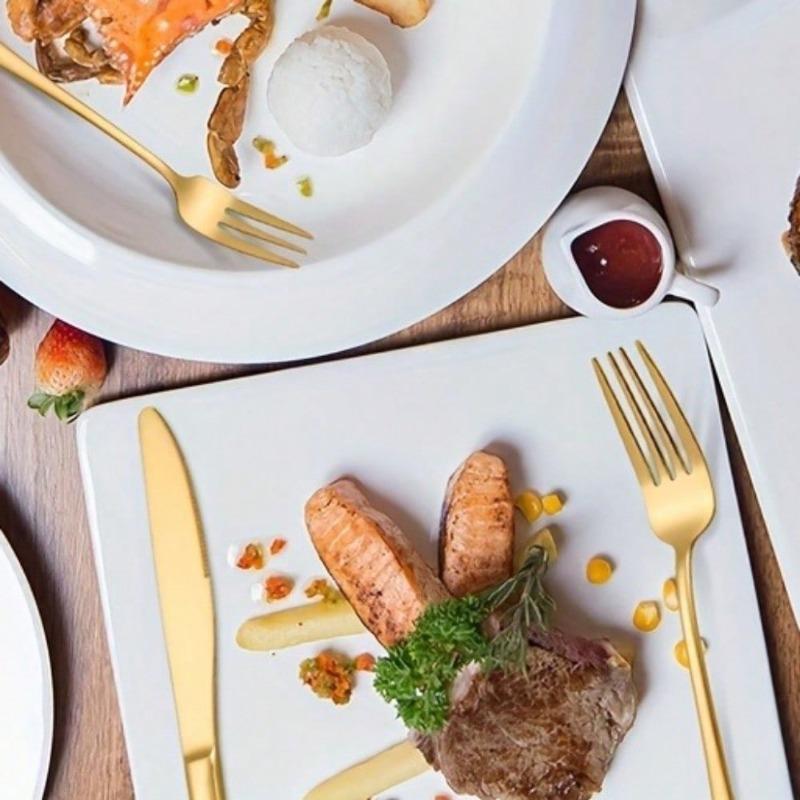 Rustfritt Stål Gullfarget Vestlig Bestikk Komplett Bestikksett med Skjeer Gafler Kniver for Hjemmekjøkken Restaurant Spisestue