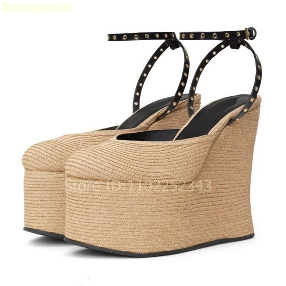 Shallow Ankle Strap Super High Heel Wedges Sandals Grass Woven Platform Women Summer Sandals 2025 New Linen Round Toe Sandals