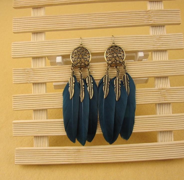 European  American Retro Long Leaf Feather Tassel Earrings