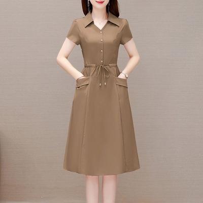 Women's Summer Navy Shirt Collar Drawstring Waist Pocket Midi Dress