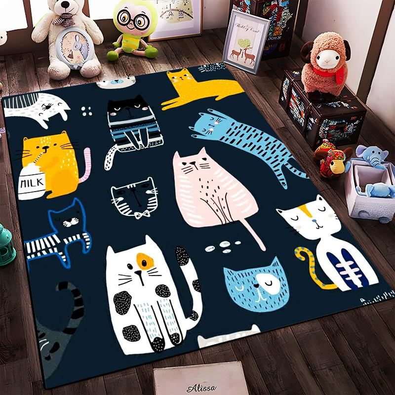 Colorful Cartoon Cat Pattern Carpet with Whimsical Feline Designs in Dark Blue Background Suitable for use as an anti-slip1 for1room and bedroom sofas