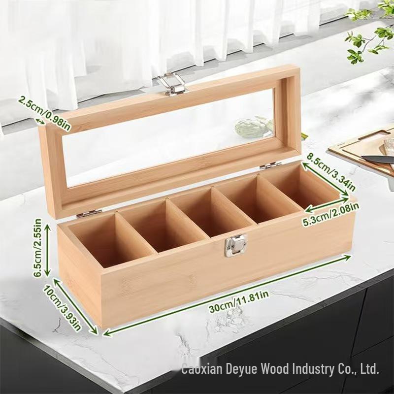 Bamboo Multi-Compartment Tea and Coffee Storage Box with Transparent Glass Lid - Desktop Organizer and Gift Box